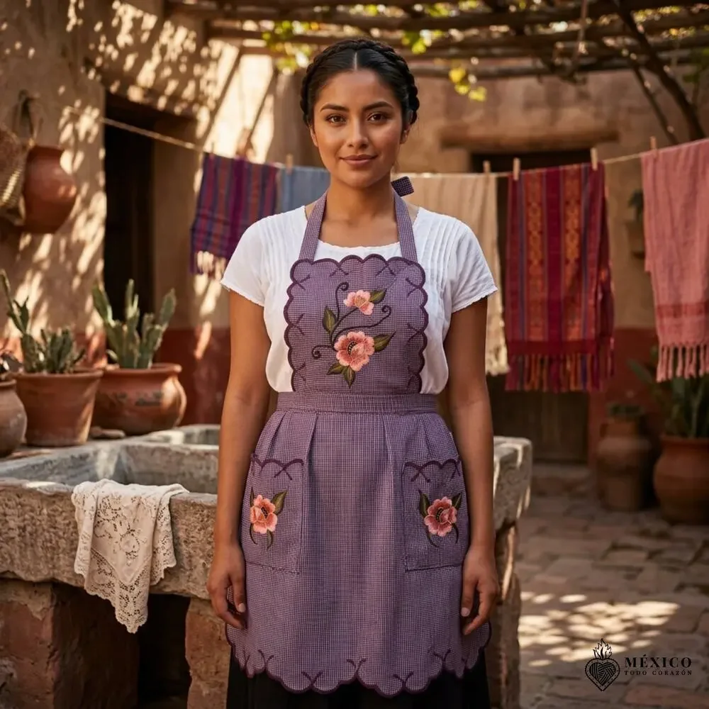 Mexican Embroidered Bib Apron for Women – Multicolor with Floral Design